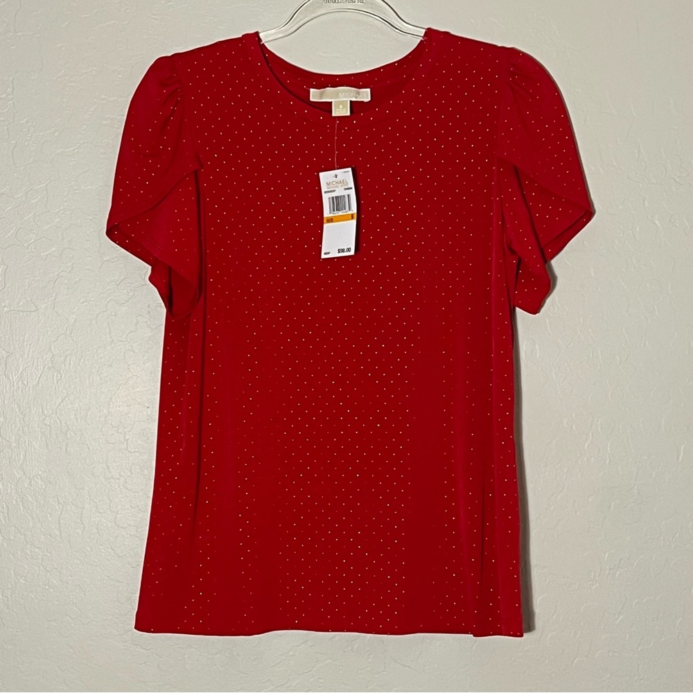 Michael Kors Red Flutter Sleeve Top w/ Gold Embellishment